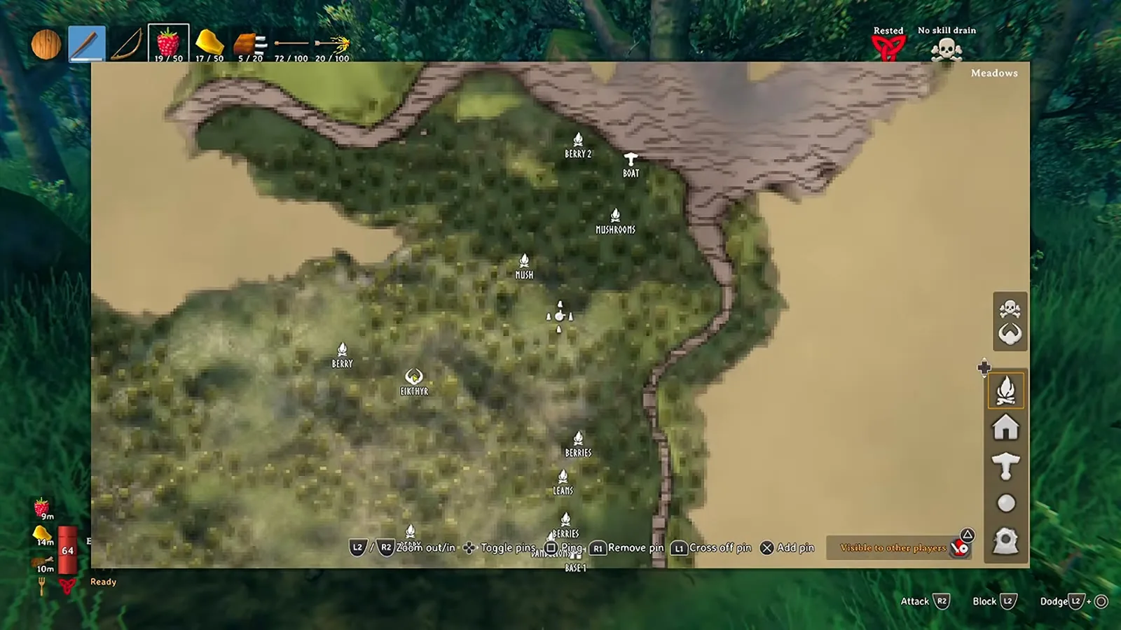 The Valheim map with Eikthyr's altar marked after reading the Vegvisir at the starting Sacrificial Stones