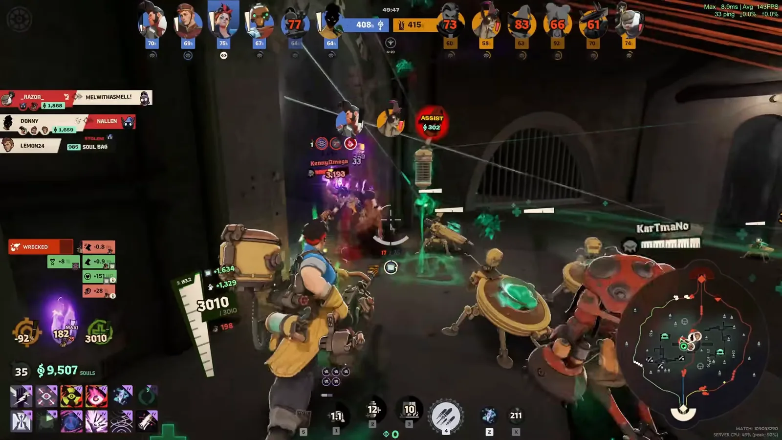 Several McGinnis Mini Turrets shooting enemies in a late-game fight