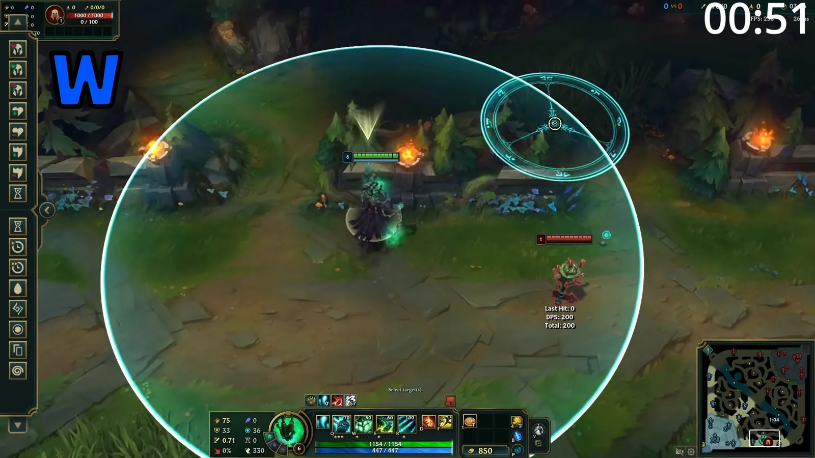 Thresh throwing his Dark Passage lantern (W) with the lantern range circle visible