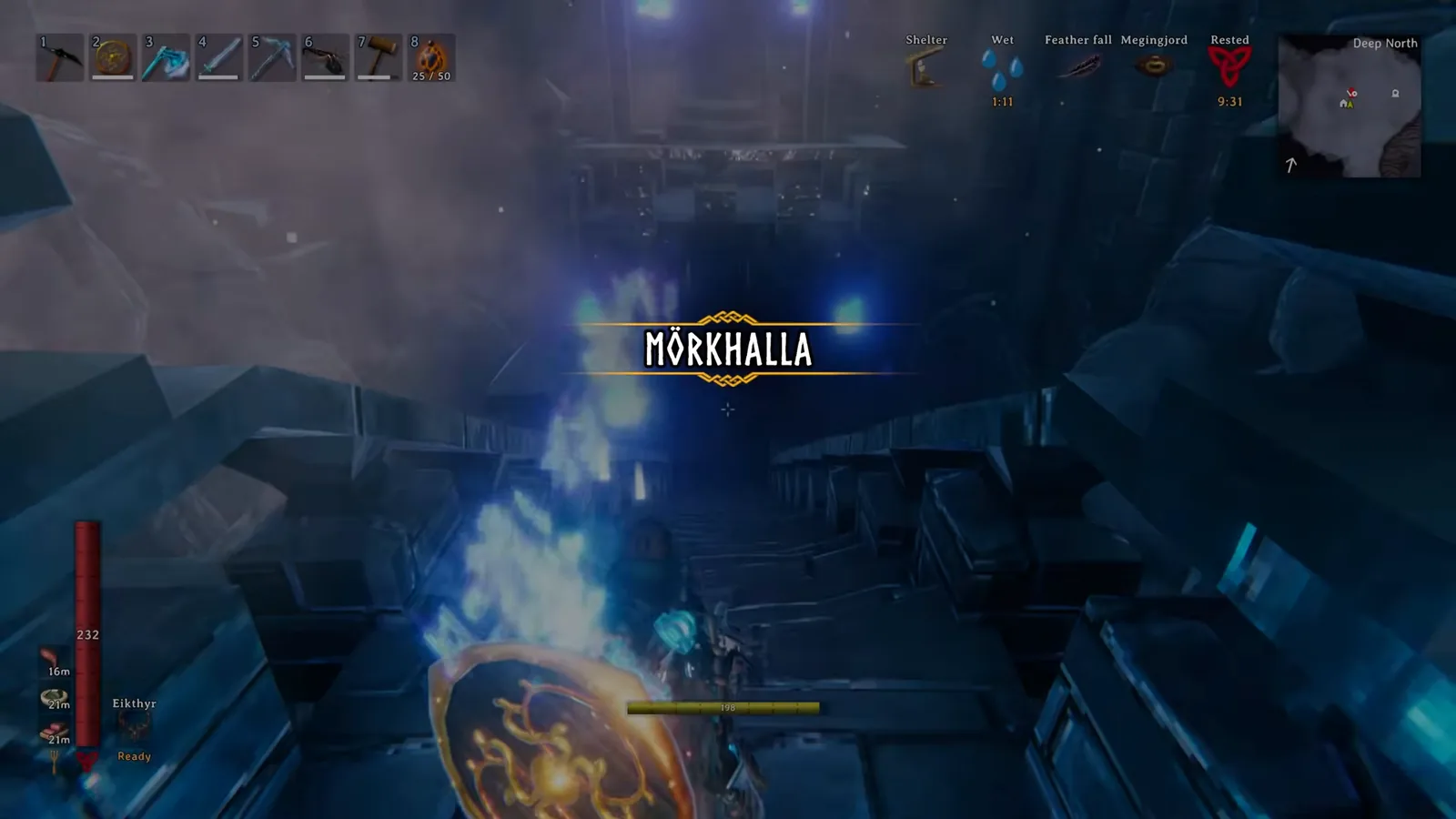 Entering a Mörkhalla dungeon in the Valheim Deep North, where the runestone to Kall Fimbulbringer waits on the bottom floor