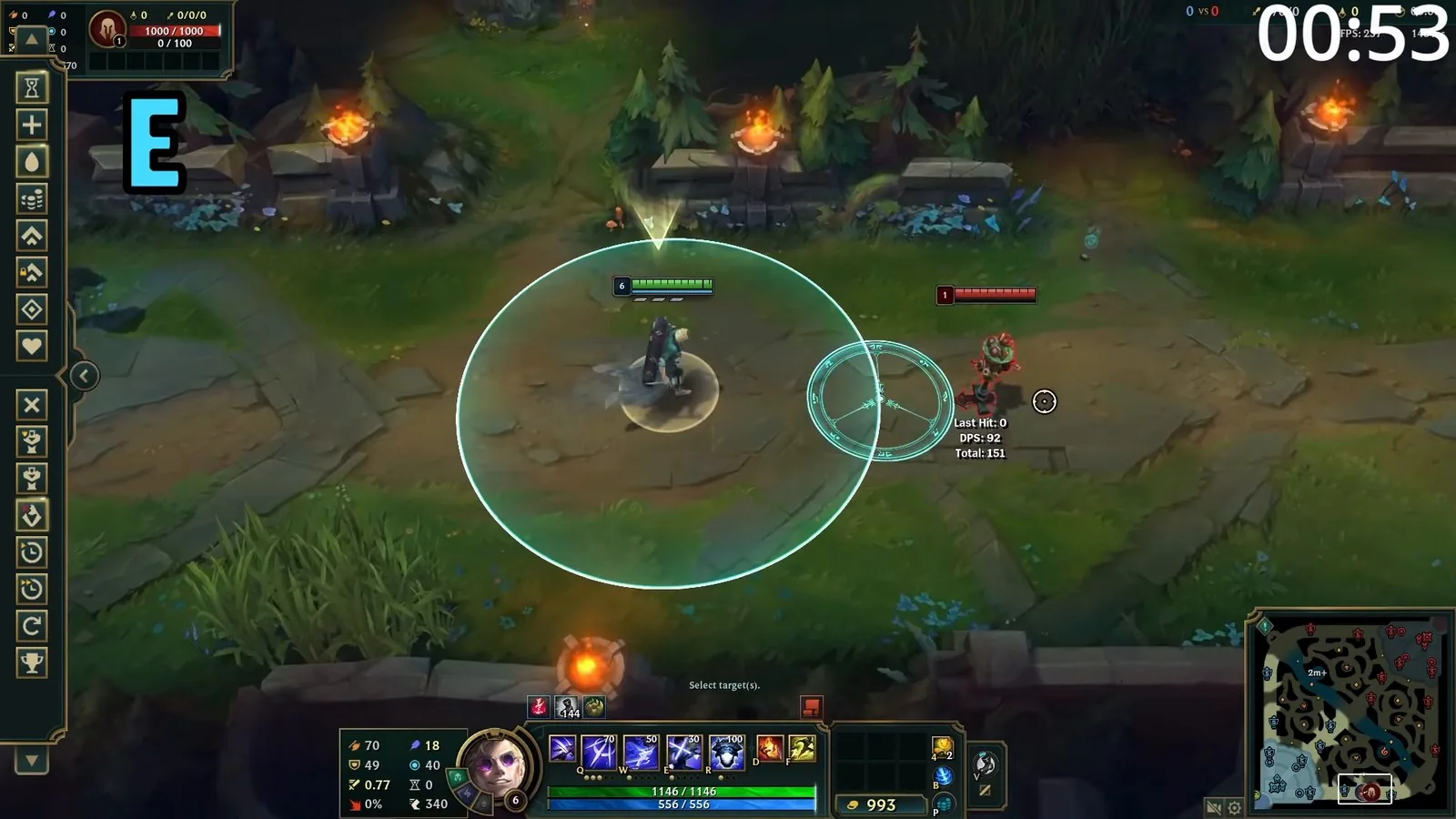 Ashen Pursuit's blink circle and target indicator on a practice dummy