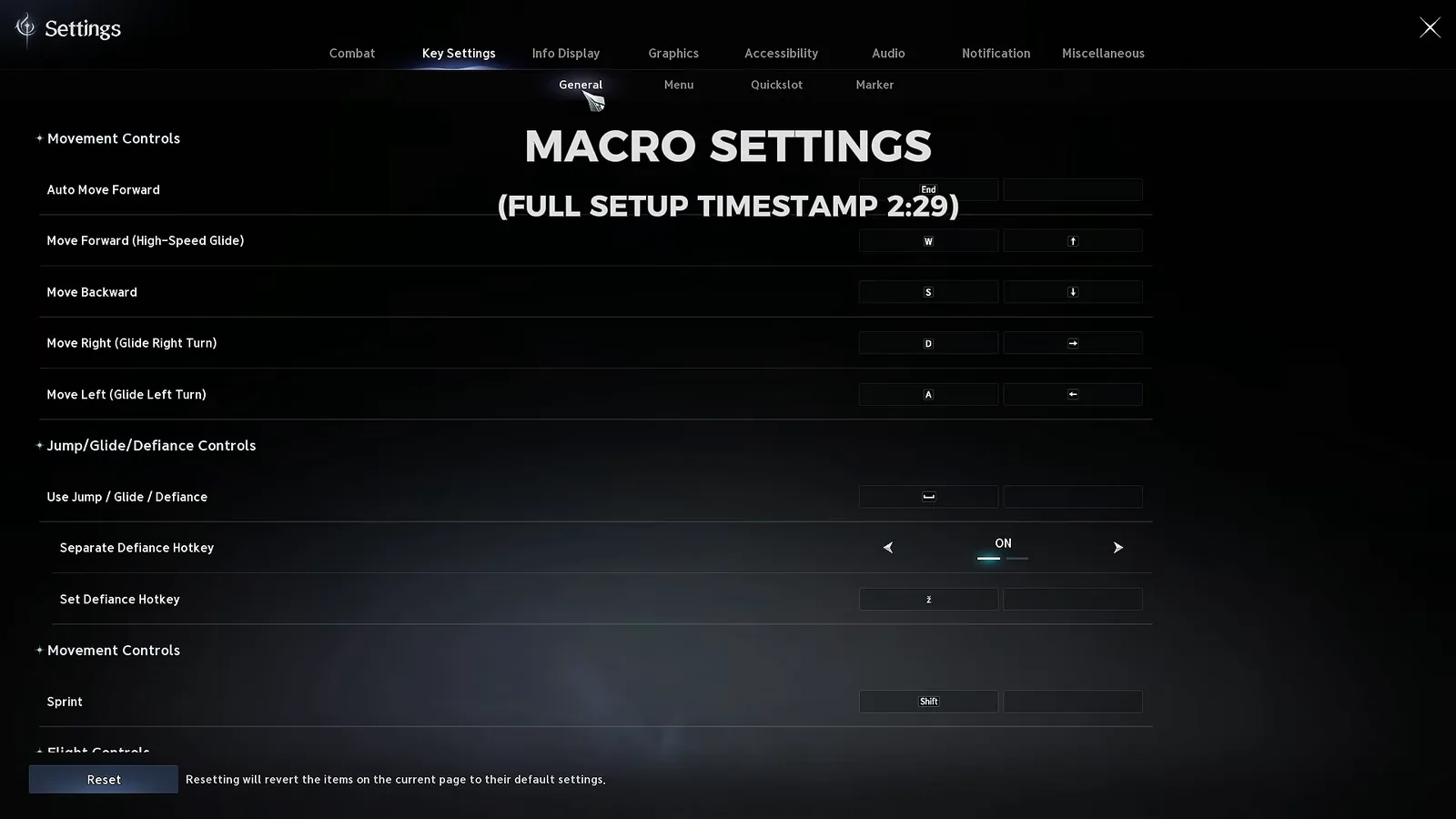 AION 2 Key Settings General tab where the Gladiator macro is bound to right click