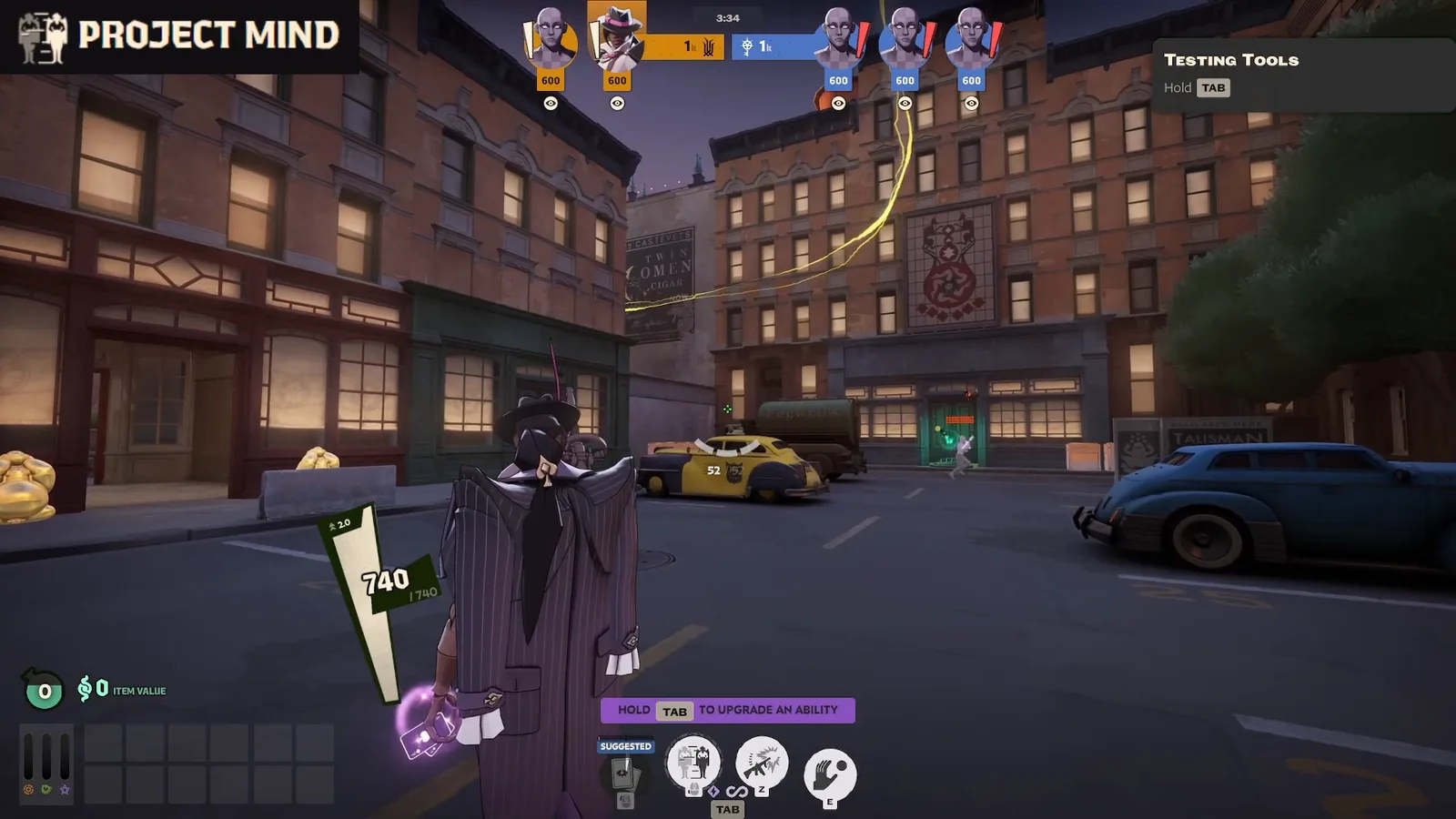 Wraith casting Project Mind, with the teleport arc shown toward a street spot in the Deadlock sandbox