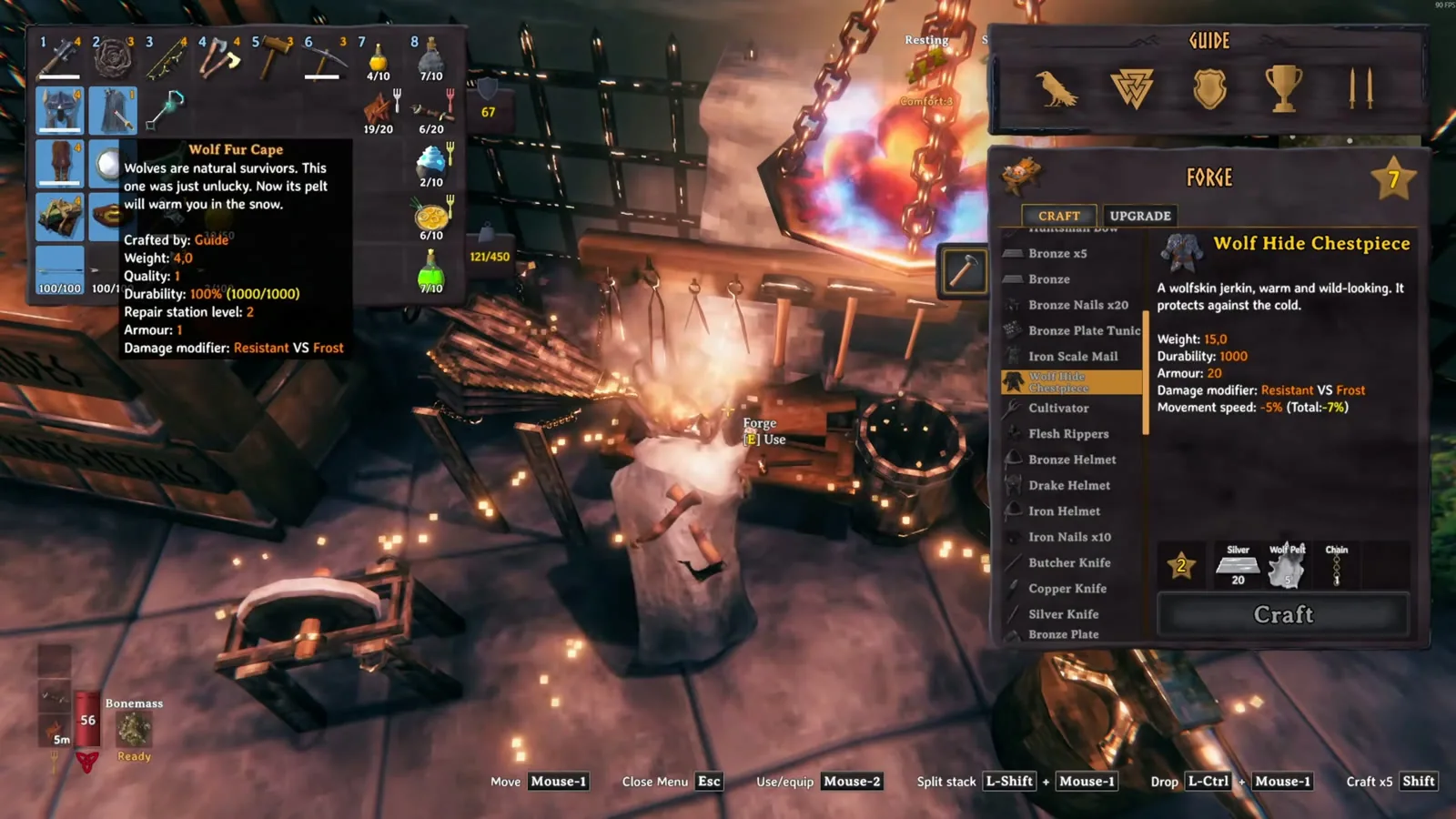 The Forge crafting menu showing the Wolf fur cape tooltip with frost resistance before the Moder fight