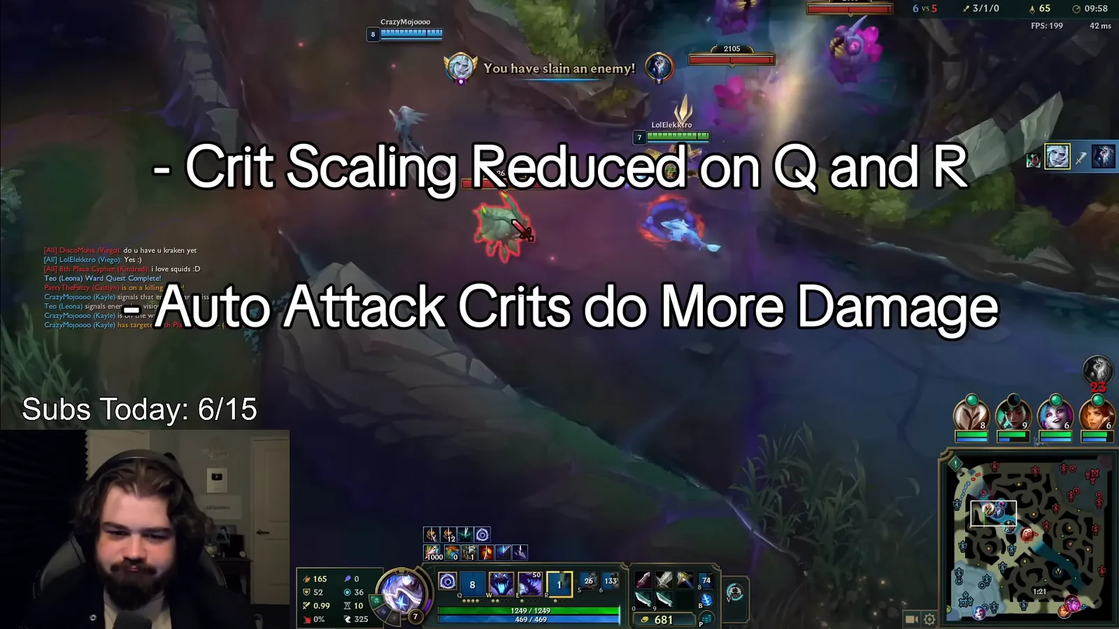 Video caption on Viego's 26.1 changes: crit scaling reduced on Q and R, auto attack crits do more damage