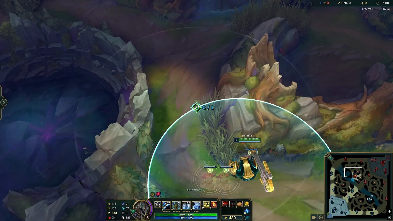 Placing a ward at the far edge of a jungle brush using the range indicator