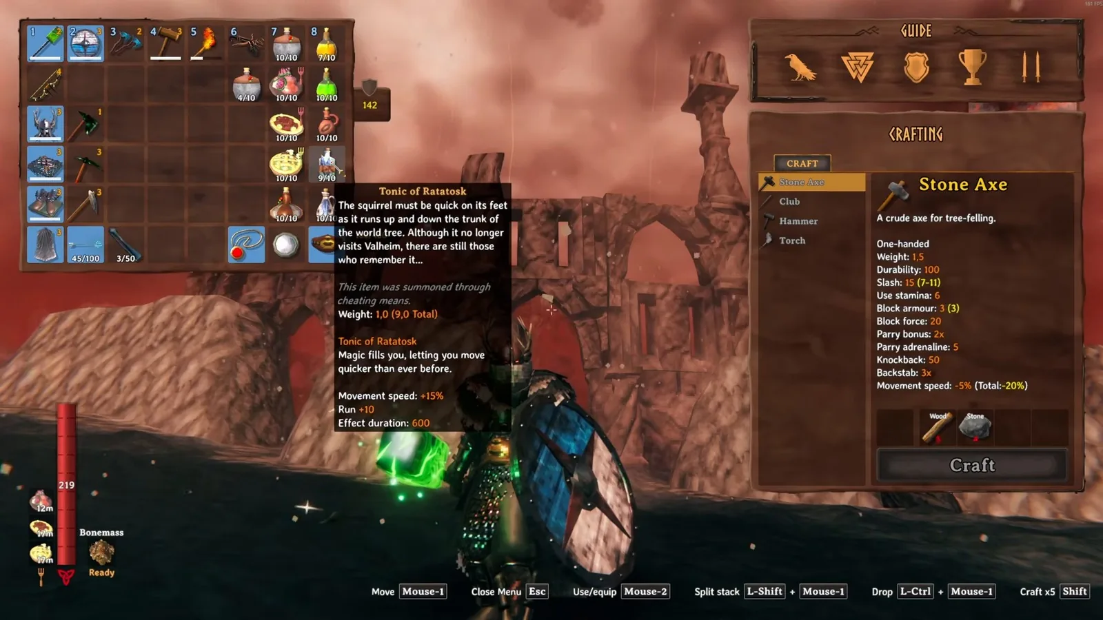 Inventory with Ashlands foods, meads and the Tonic of Ratatosk tooltip before summoning Fader