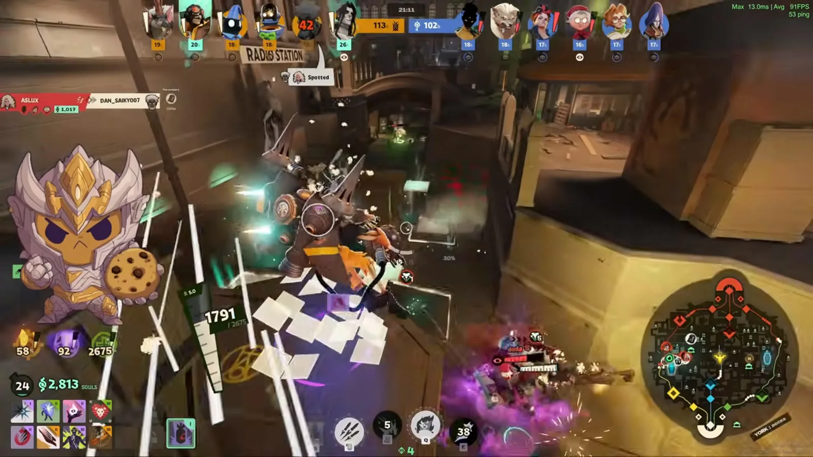 Deadman Danny diving into a teamfight near the Radio Station late in a Deadlock match