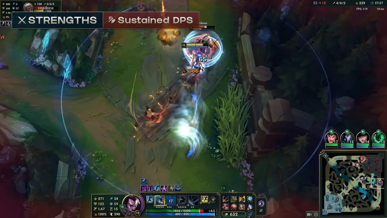 Yasuo cutting through enemies in a lane fight, labelled Strengths: Sustained DPS