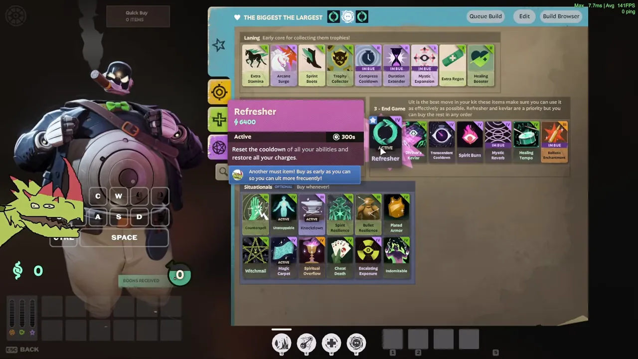 Refresher tooltip in Dynamo's build browser, the late-game item that resets Singularity