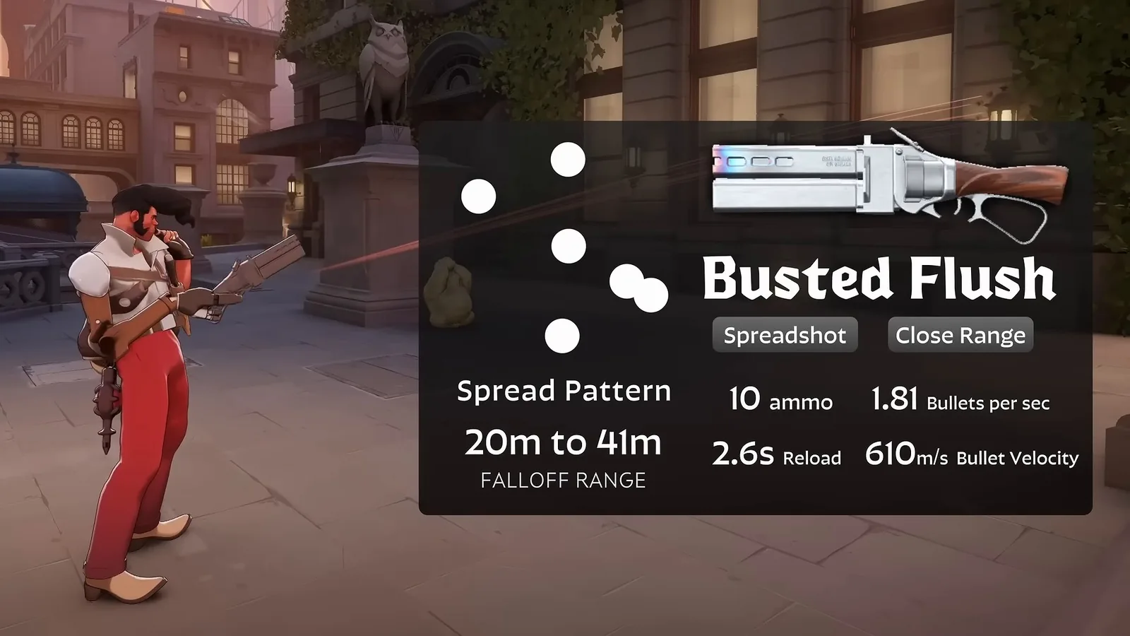 Shiv holding his Busted Flush shotgun next to its stat card in Deadlock: 20m to 41m falloff, 10 ammo