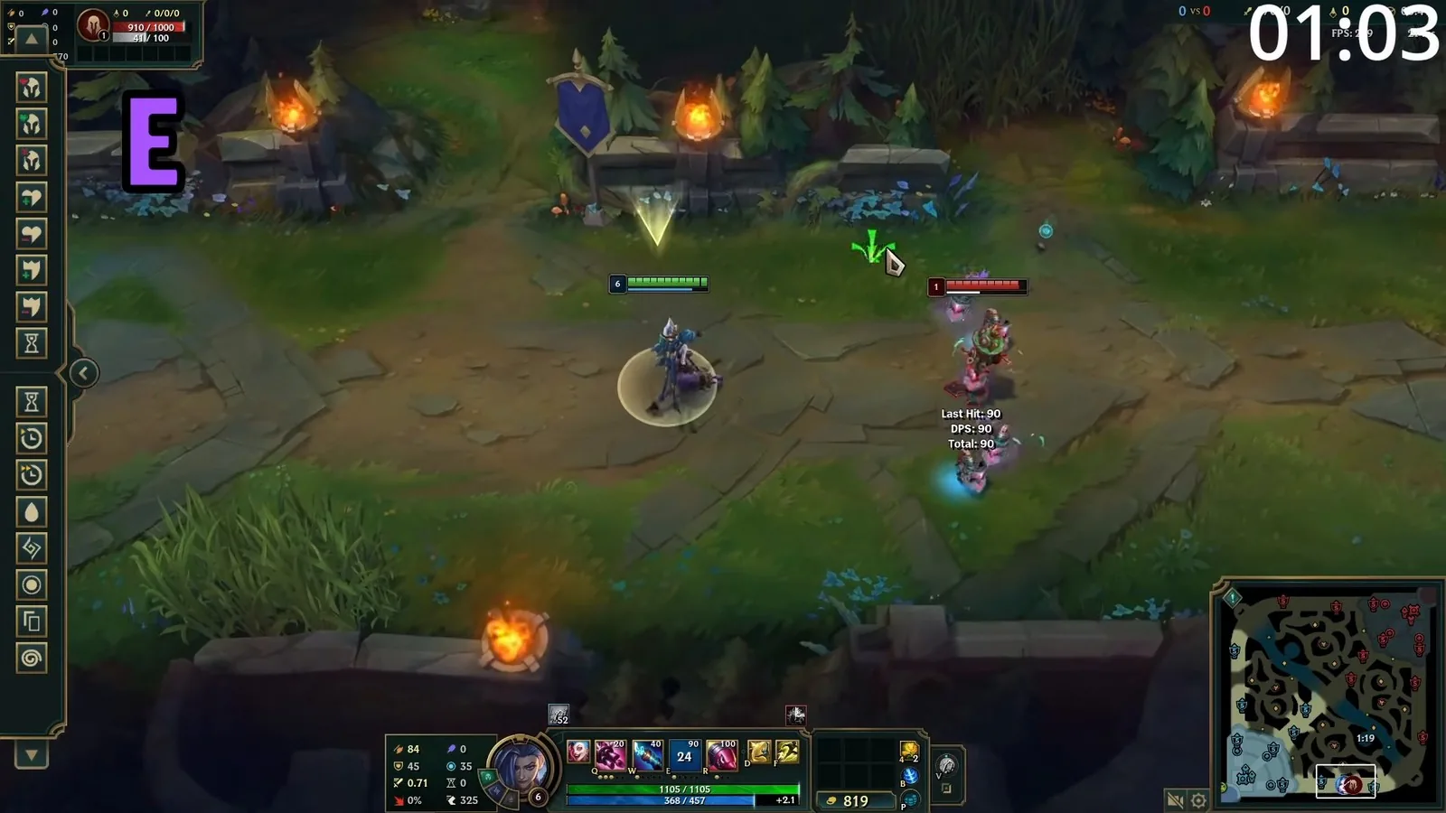Jinx throwing Flame Chompers! (E) traps at a target dummy in practice tool