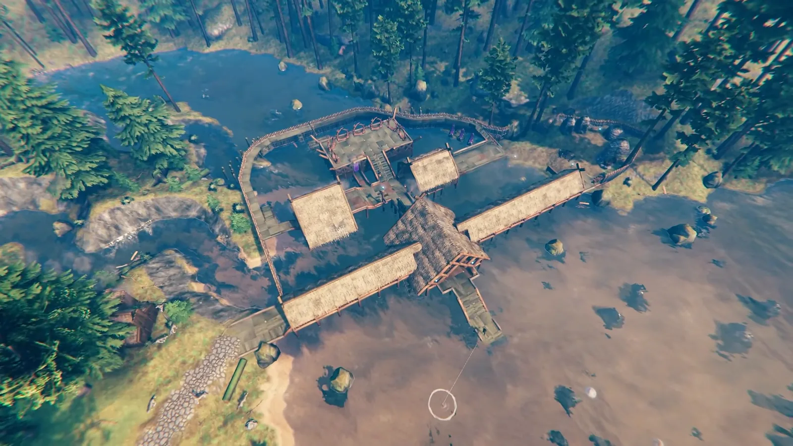 Valheim base built over a forest stream with wooden platforms and walkways, seen from above