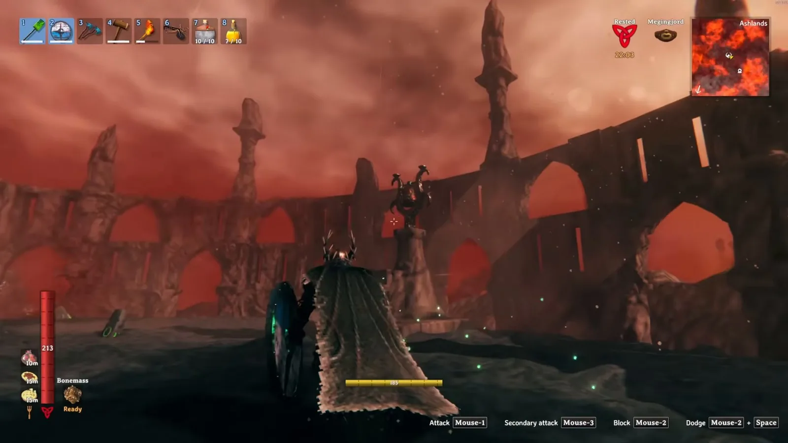 Approaching the Emerald Flame arena, Fader's coliseum ruin in the Valheim Ashlands
