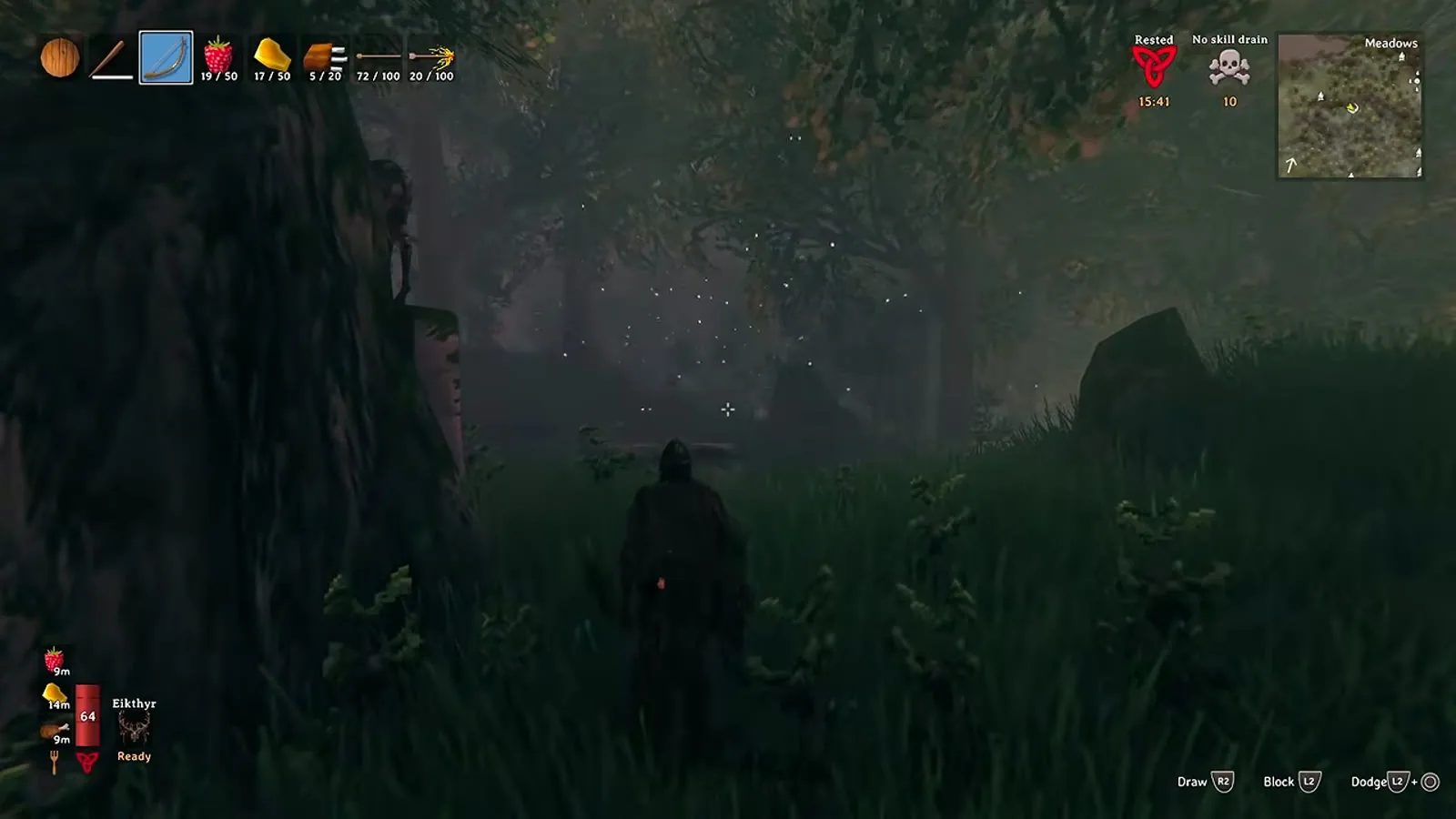 A Valheim player approaching Eikthyr's Mystical altar in the dark Meadows forest to summon the boss