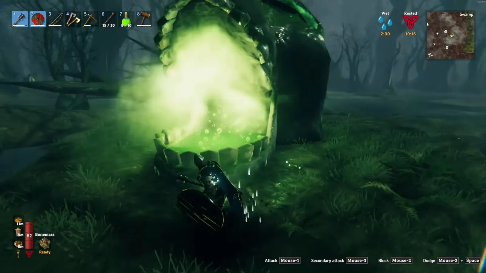 Bonemass's Forsaken altar skull in the Swamp before offering the Withered bones