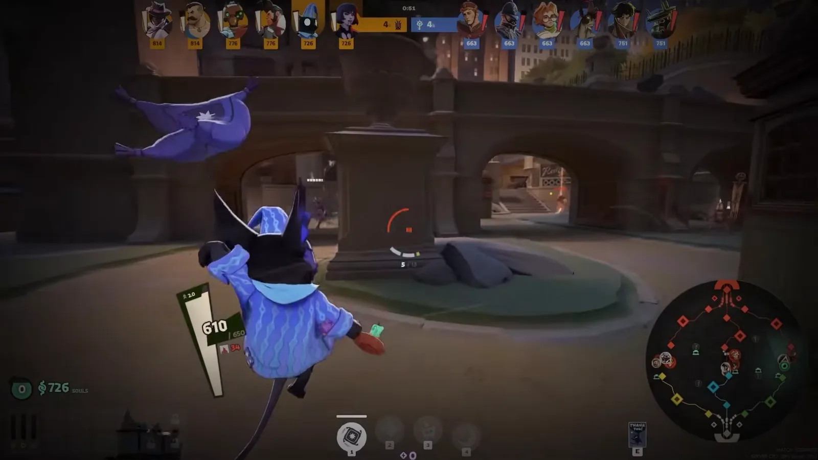 Rem casting Pillow Toss toward an enemy under a stone archway