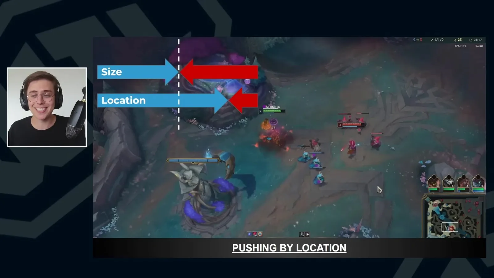 Pushing by location example: equal minion waves fighting closer to Orianna's turret in mid lane