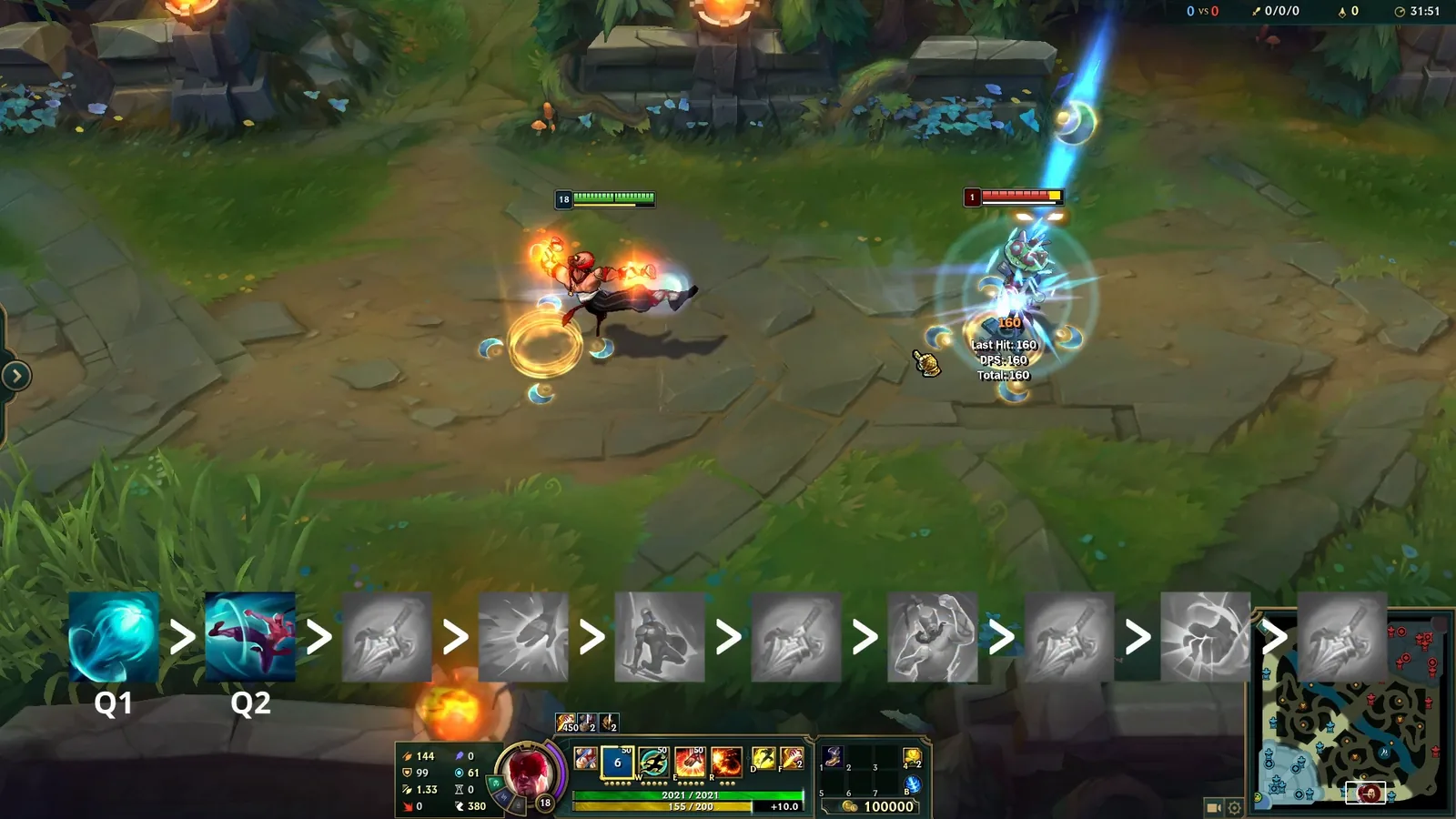 Lee Sin landing Sonic Wave (Q1) on a target dummy in the Practice Tool, Q1 and Q2 shown in the combo bar