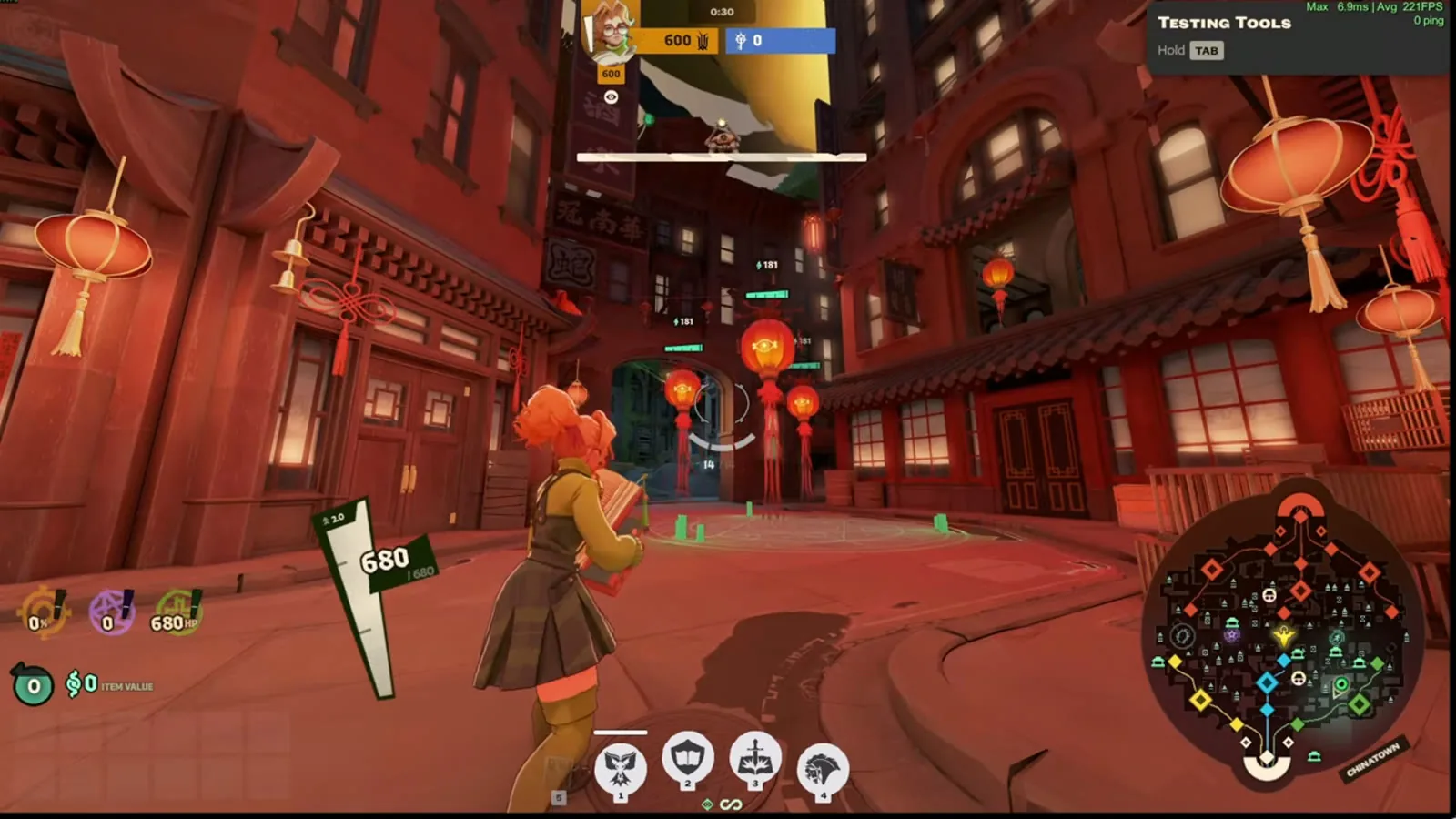 Deadlock Chinatown District street with red lanterns, minimap labeled Chinatown