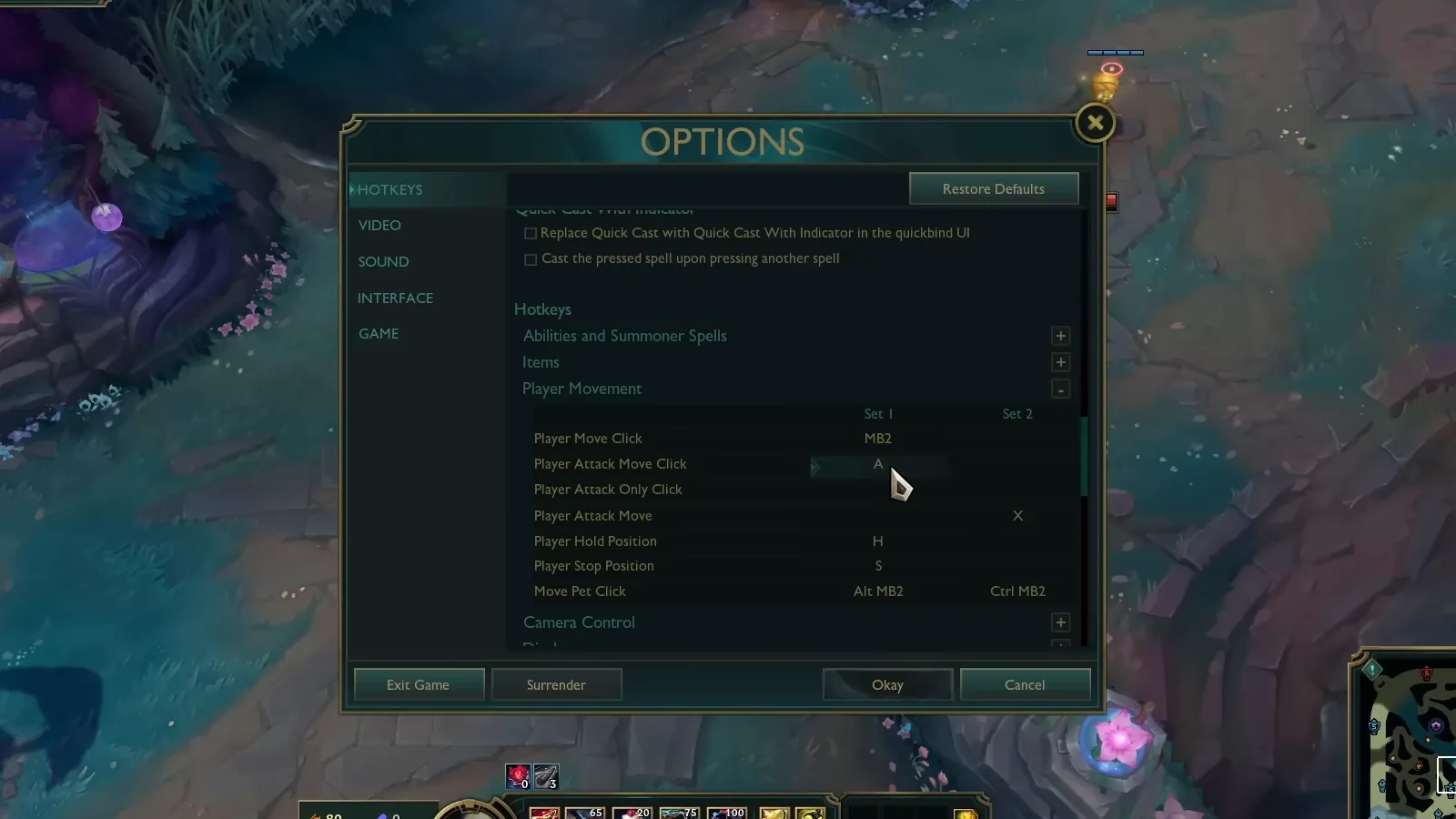 LoL Player Movement hotkeys with Player Attack Move Click bound to A and Player Attack Move on X