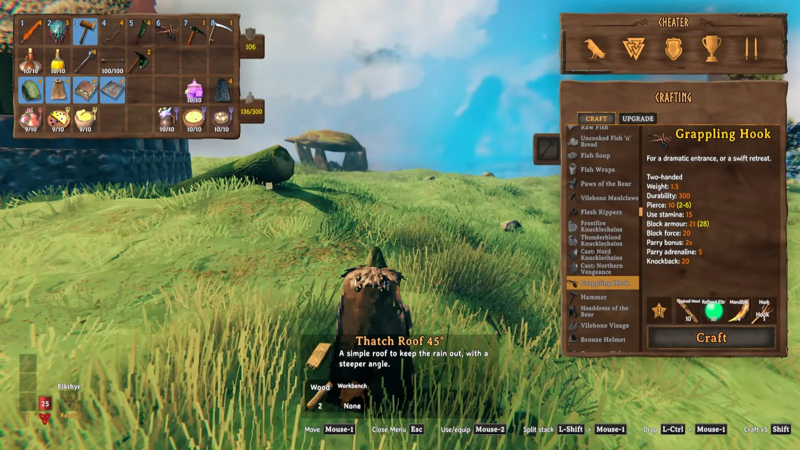 Valheim 1.0 crafting menu showing the Grappling Hook recipe, the tool you need to climb into Mörkhalla in the Deep North