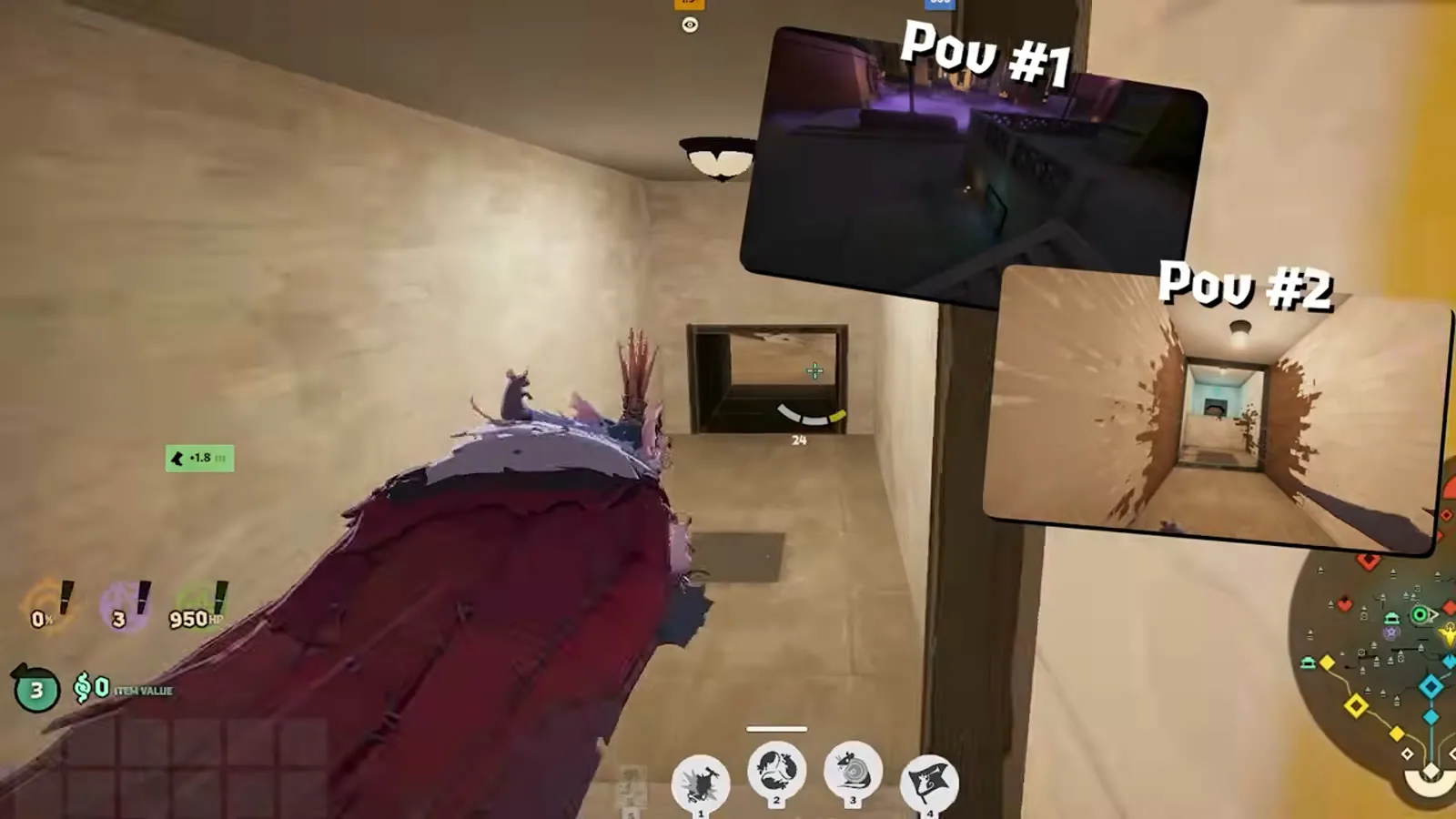 Rat King crouching into a wall vent with two picture-in-picture views of him moving through the tunnels underneath