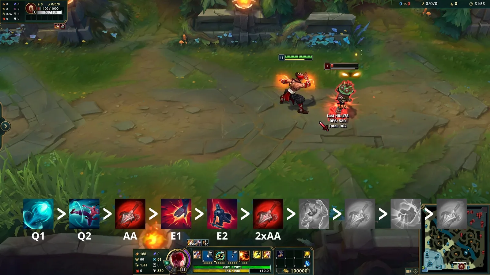 Lee Sin hitting a target dummy with Tempest (E1) during the early all-in combo