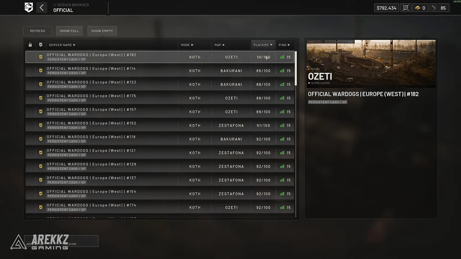 WARDOGS official server browser listing Europe West servers with player counts
