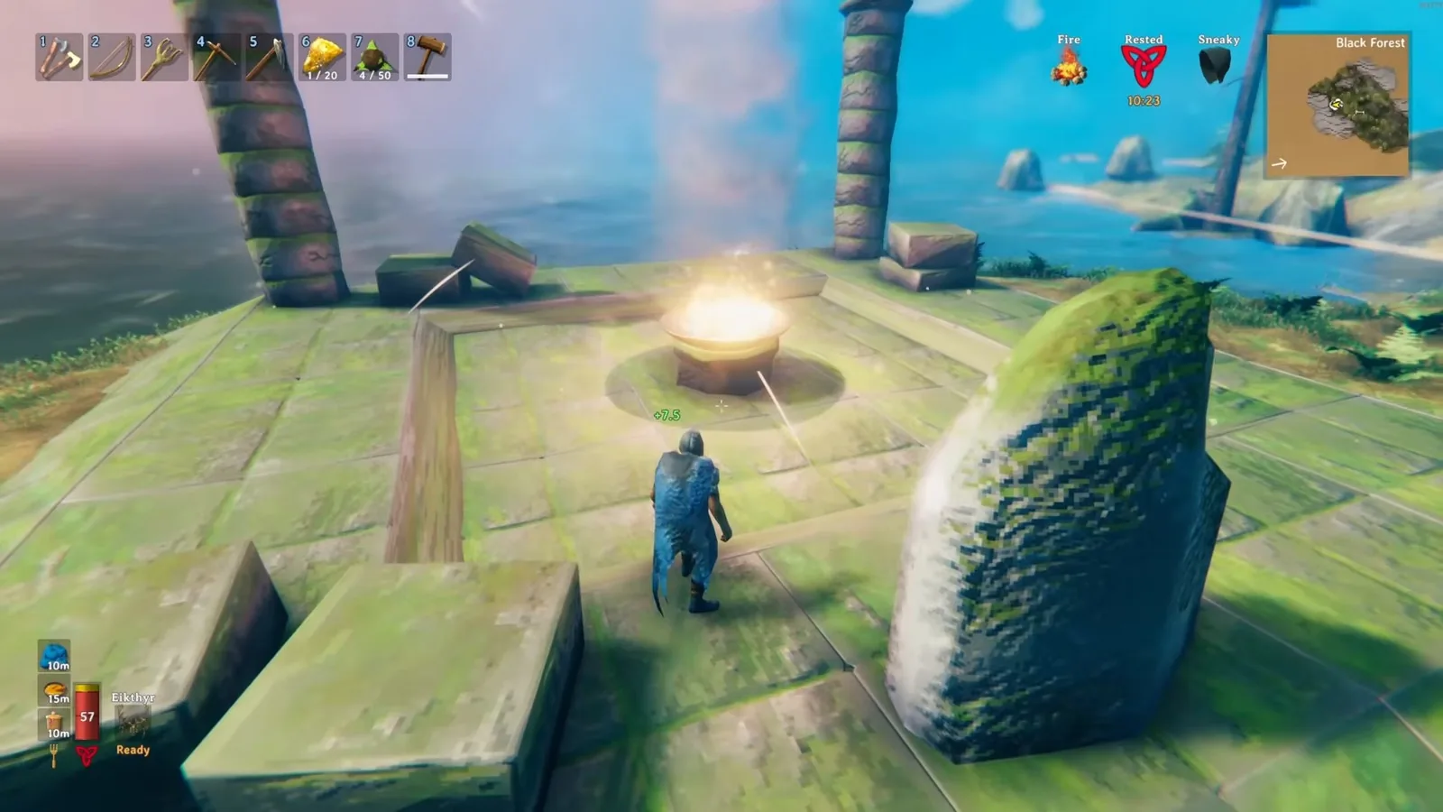 The Elder's altar in Valheim 1.0 with its fire bowl, stone platform and carved pillars before the summon