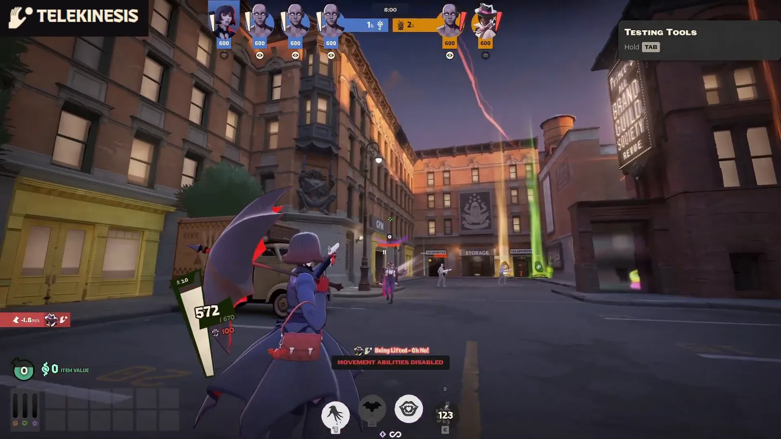 Enemy hero lifted by Wraith's Telekinesis with the movement abilities disabled warning on screen