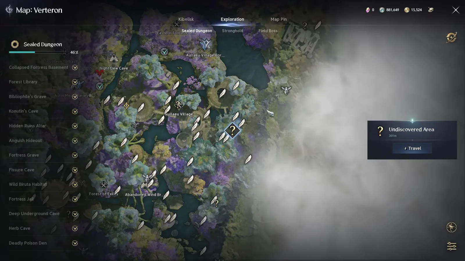 AION 2 Verteron map with sealed dungeons and Empyrean Trace feather icons