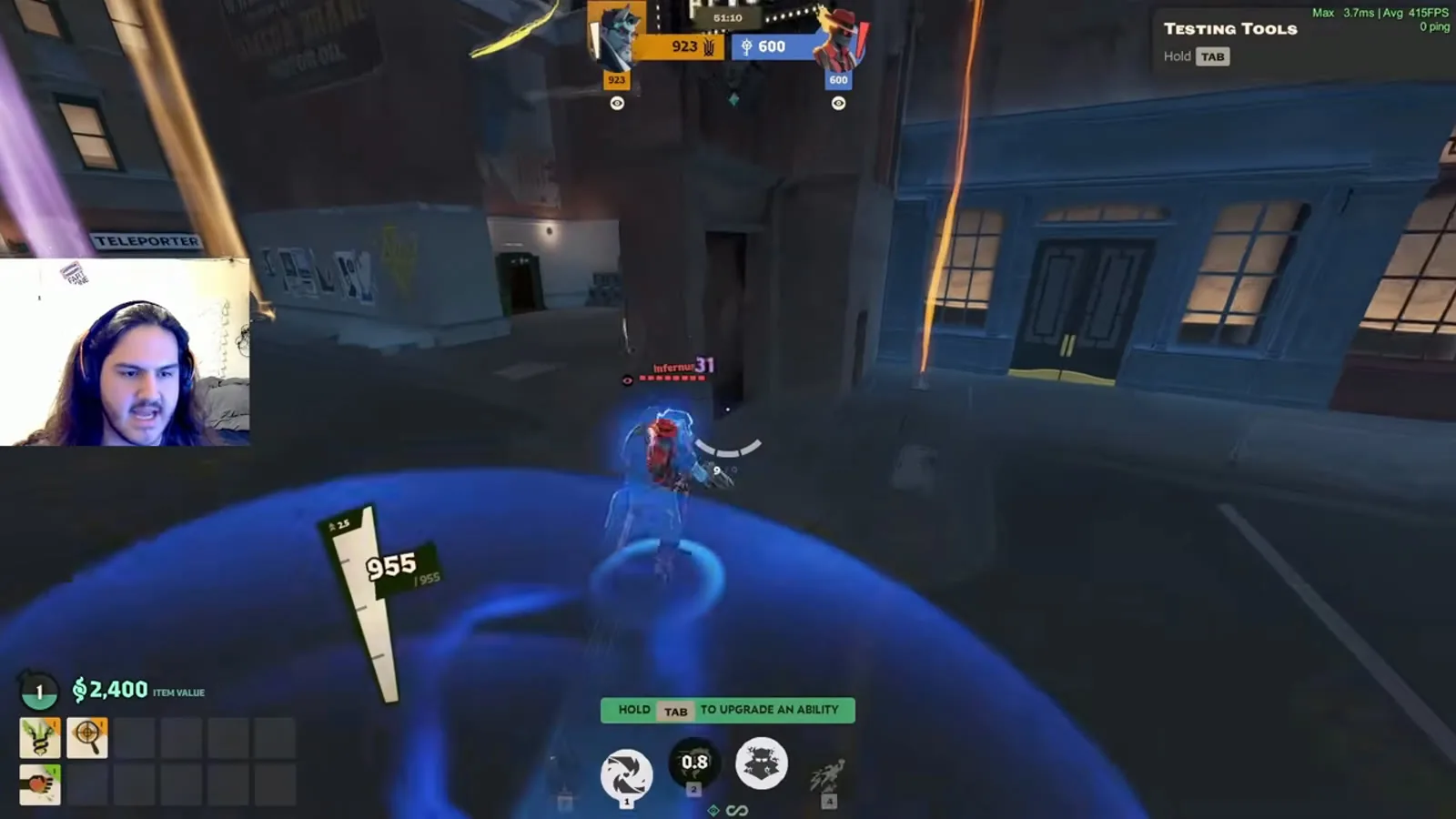 Sandbox test of Abrams Shoulder Charge stunning an Infernus bot against a wall