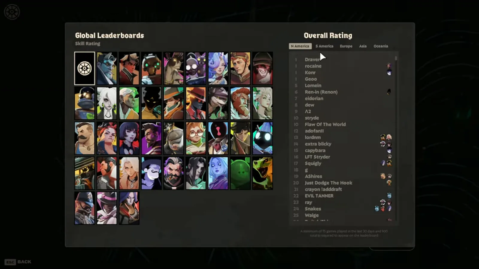 Deadlock Global Leaderboards screen with the hero grid and the overall rating list of top players