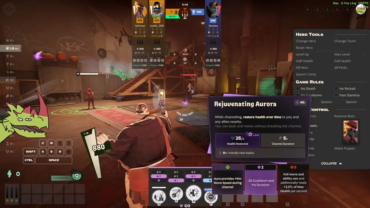 Rejuvenating Aurora tooltip in the sandbox showing heal per second, channel duration and upgrades