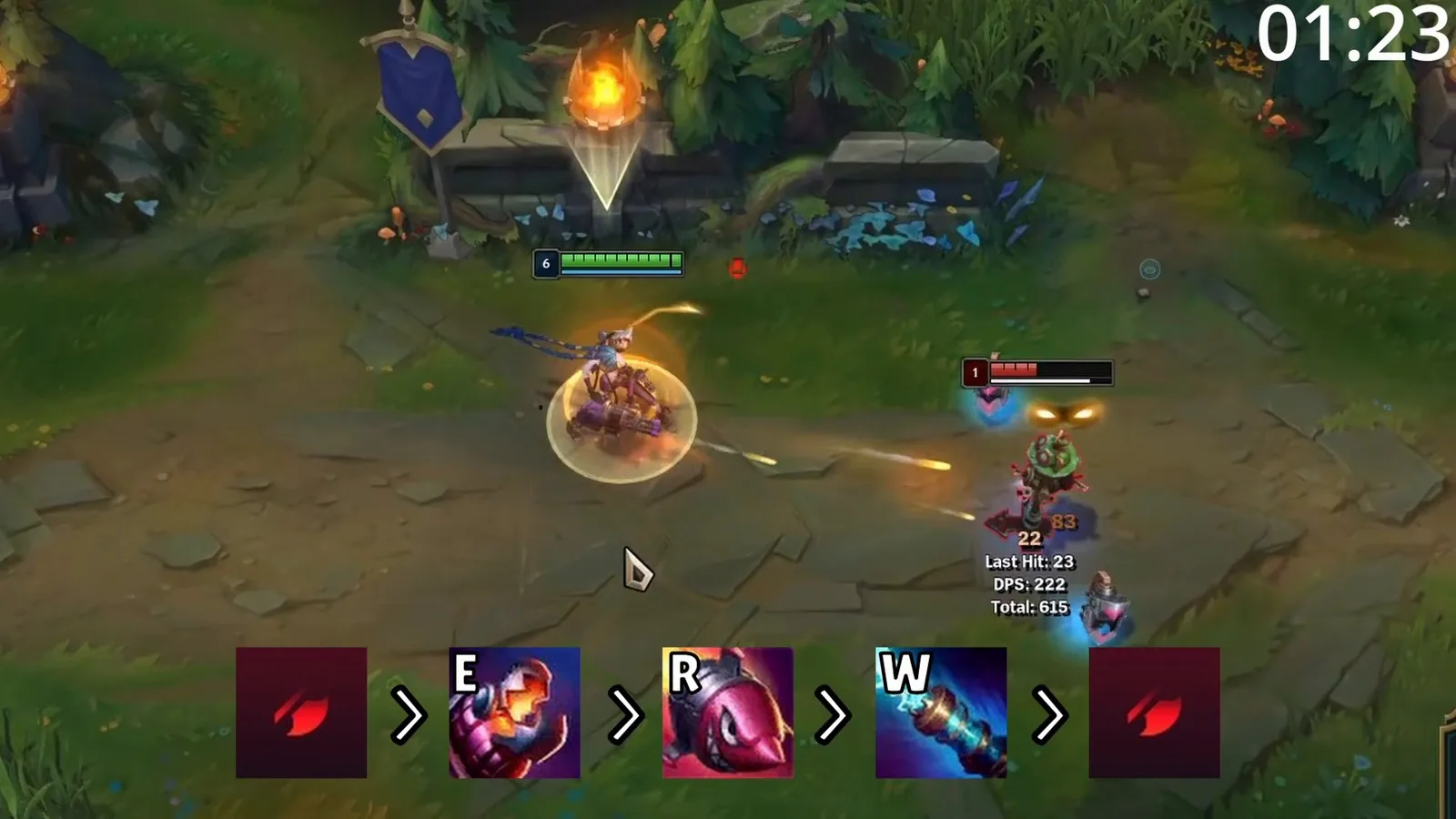Jinx all-in combo shown as auto attack, E, R, W, then more auto attacks