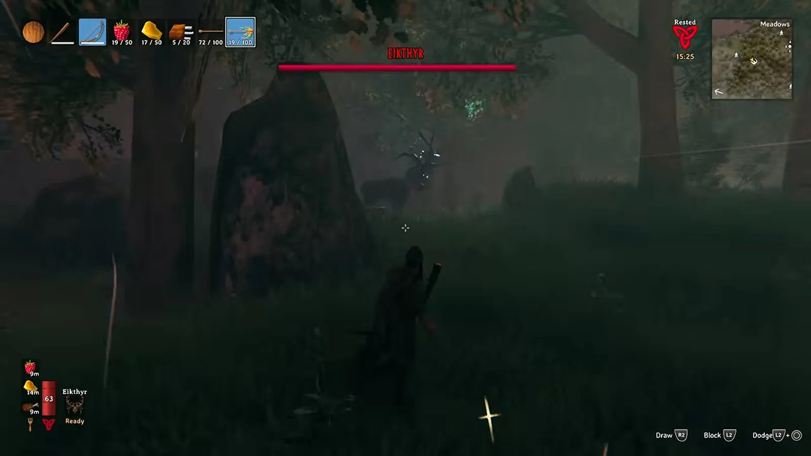 Eikthyr charging in the darkened forest near his altar with his boss health bar on screen
