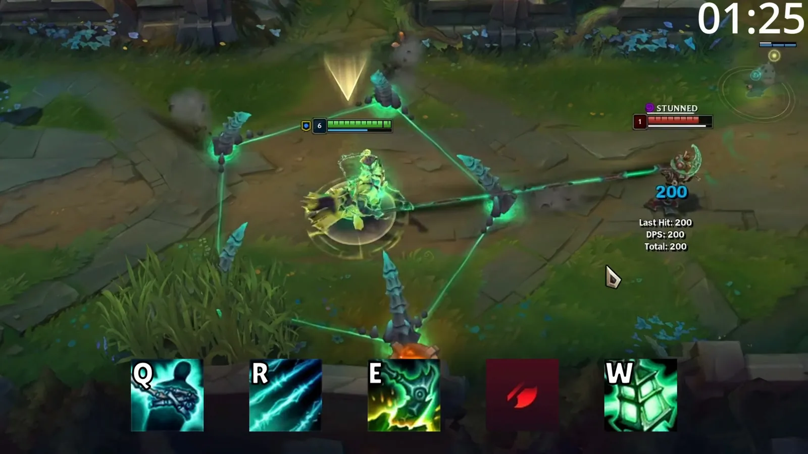 Thresh full engage combo shown on screen: Q, R, E, auto attack, W