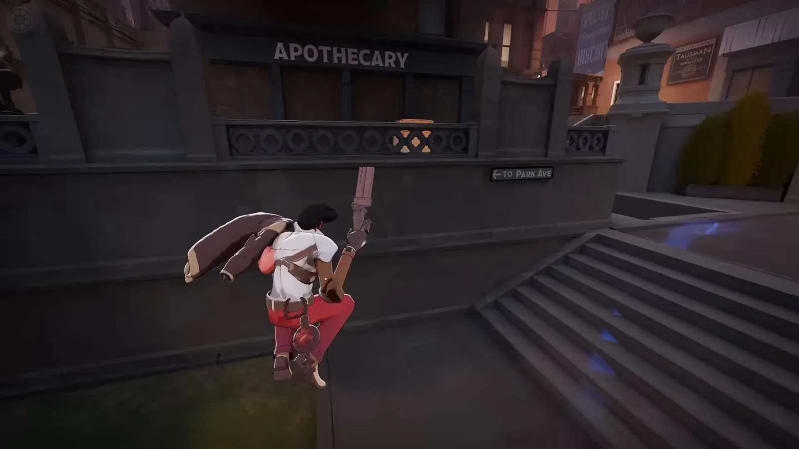Shiv launching himself into the air with Busted Flush alt-fire recoil past the Apothecary in Deadlock