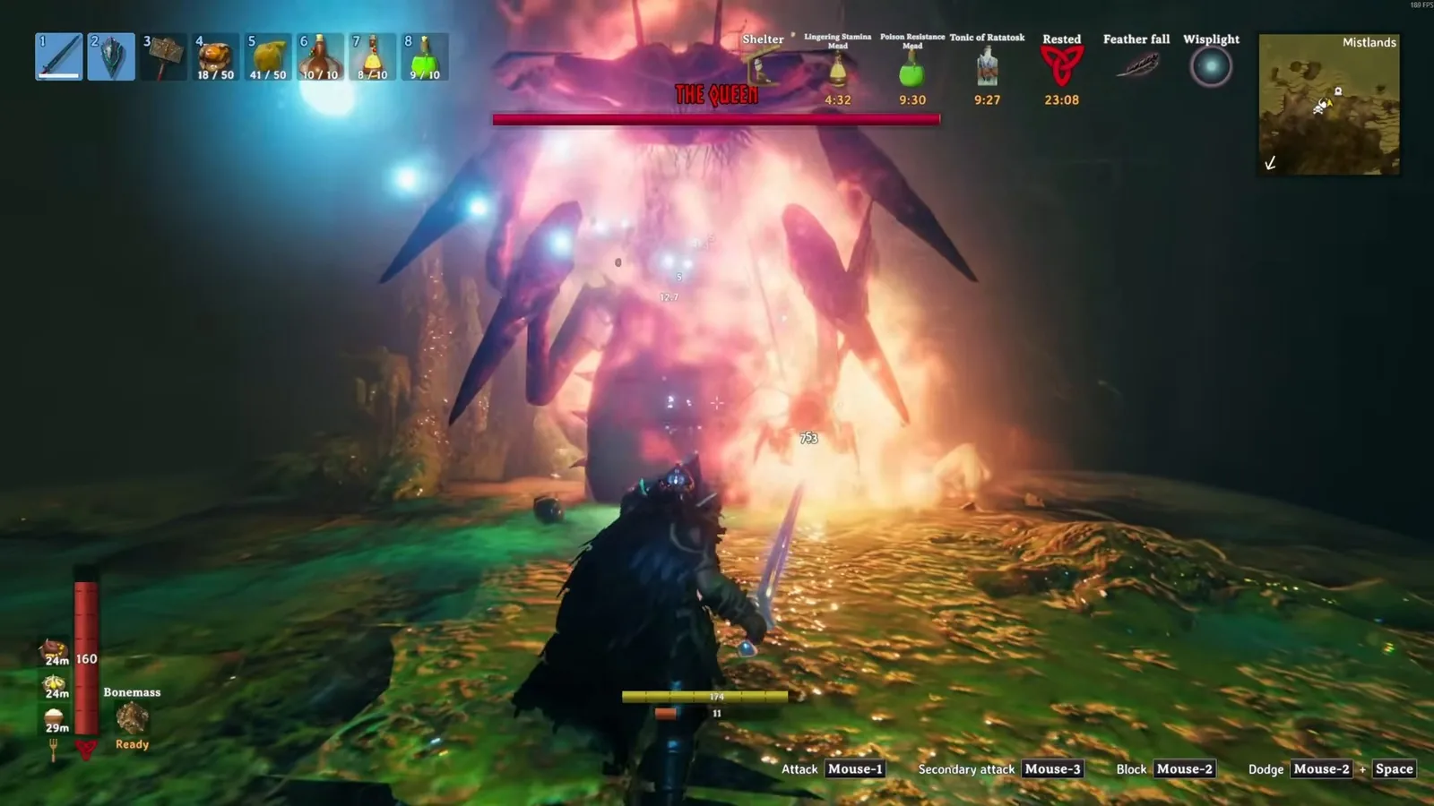 The Queen, Valheim's sixth boss, burning in a Bile bomb cloud inside the Infested Citadel