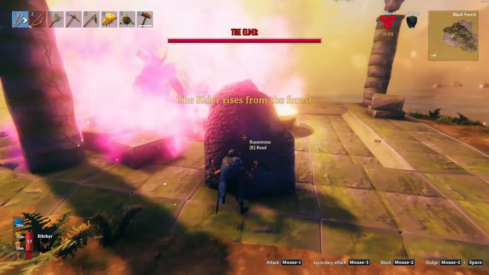 The Elder rising from the forest while the player takes cover behind a pillar on the altar