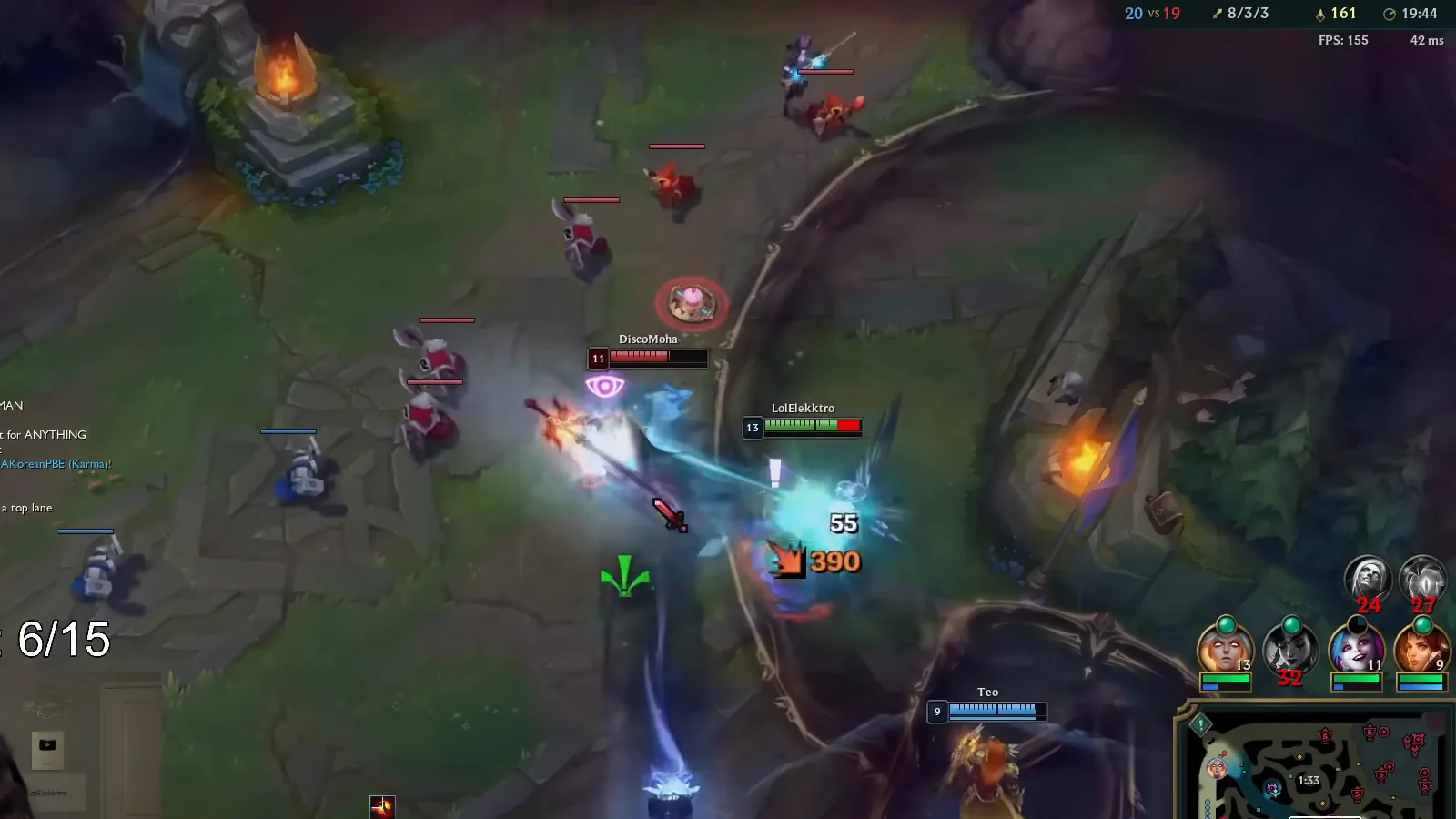 Viego landing a 390 damage hit on a side lane gank at 19:44
