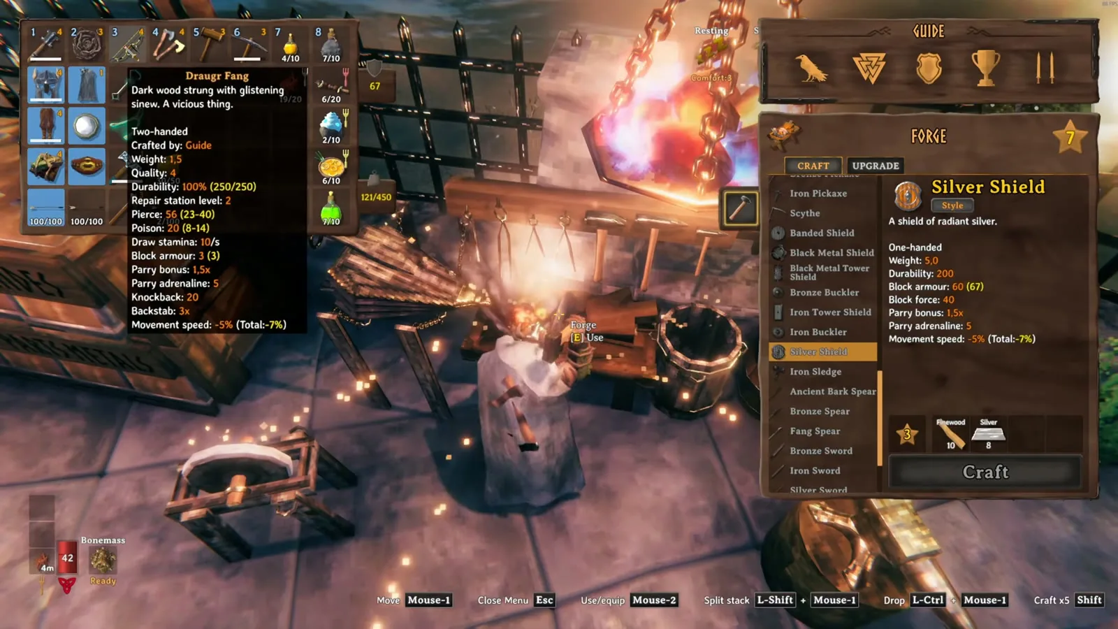 The Draugr Fang bow tooltip at the Forge, the bow used against Moder in Valheim 1.0