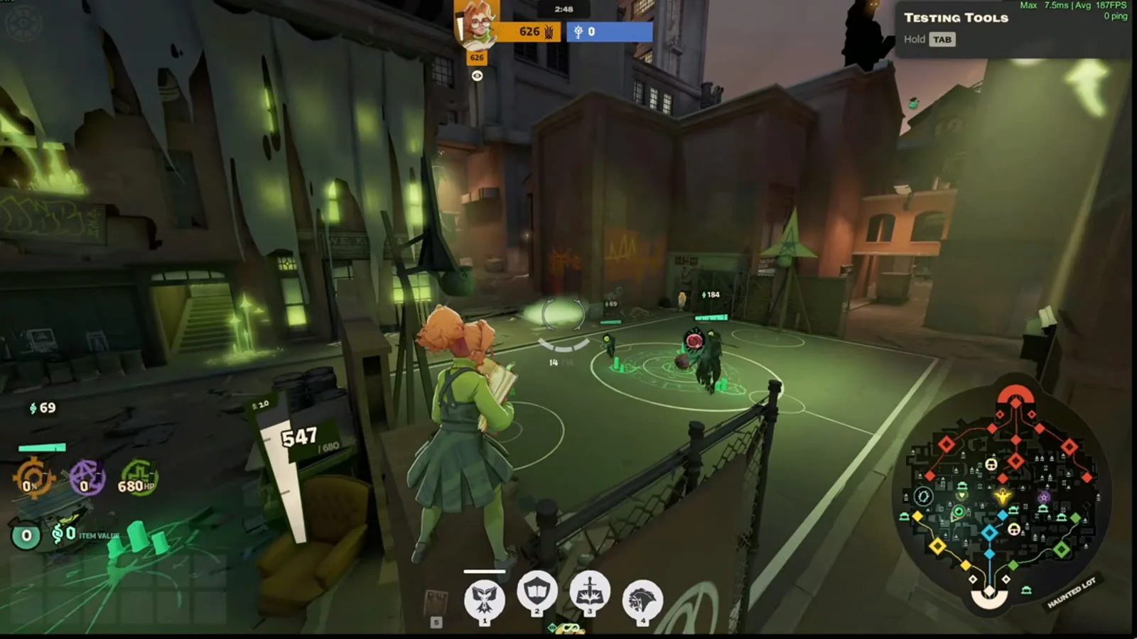 Haunted Lot District basketball court haunt camp in Deadlock, minimap labeled Haunted Lot
