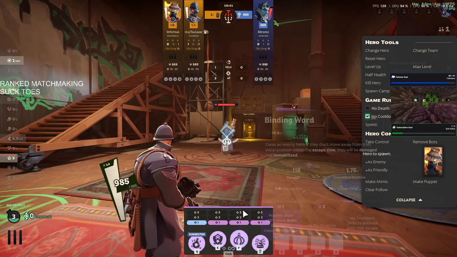 Warden casting Binding Word on a sandbox target, with the ability tooltip shown