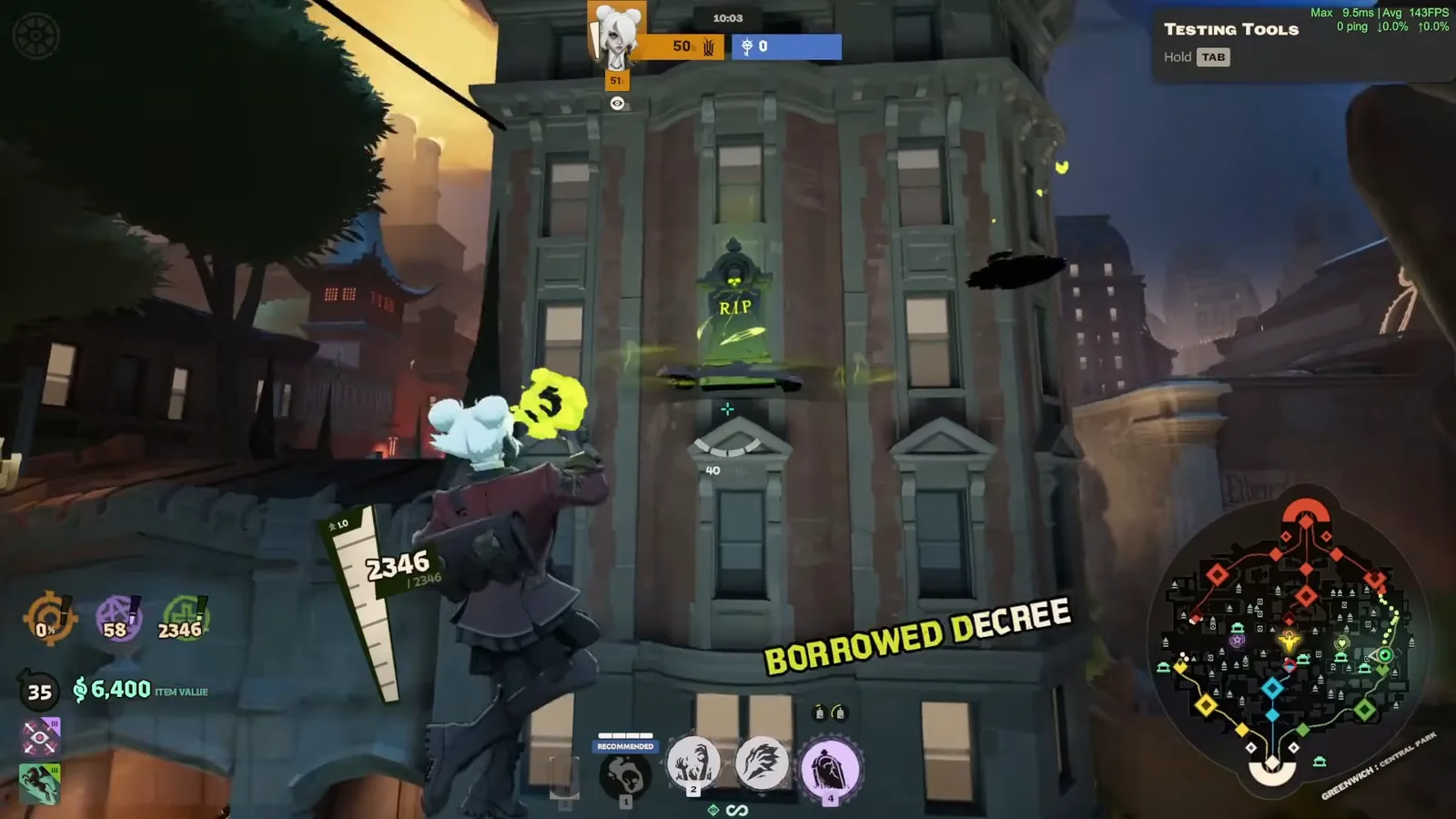 Graves placing her Borrowed Decree gravestone on a building ledge in Deadlock