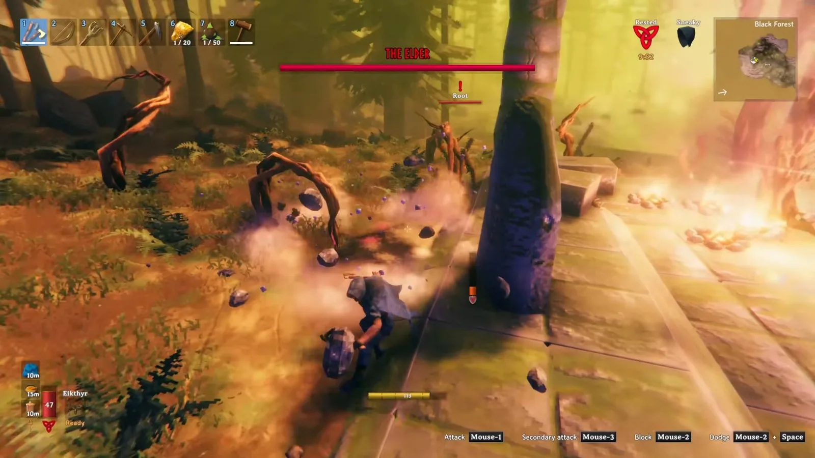 Roots summoned by The Elder bursting from the ground around the player on the altar