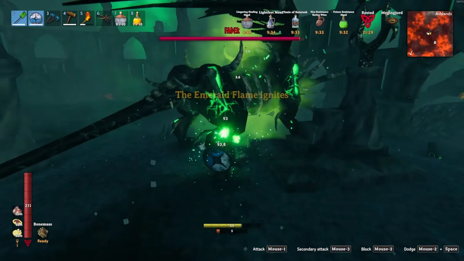 Fader roaring as the Emerald Flame ignites while the player hits him with a Flametal mace