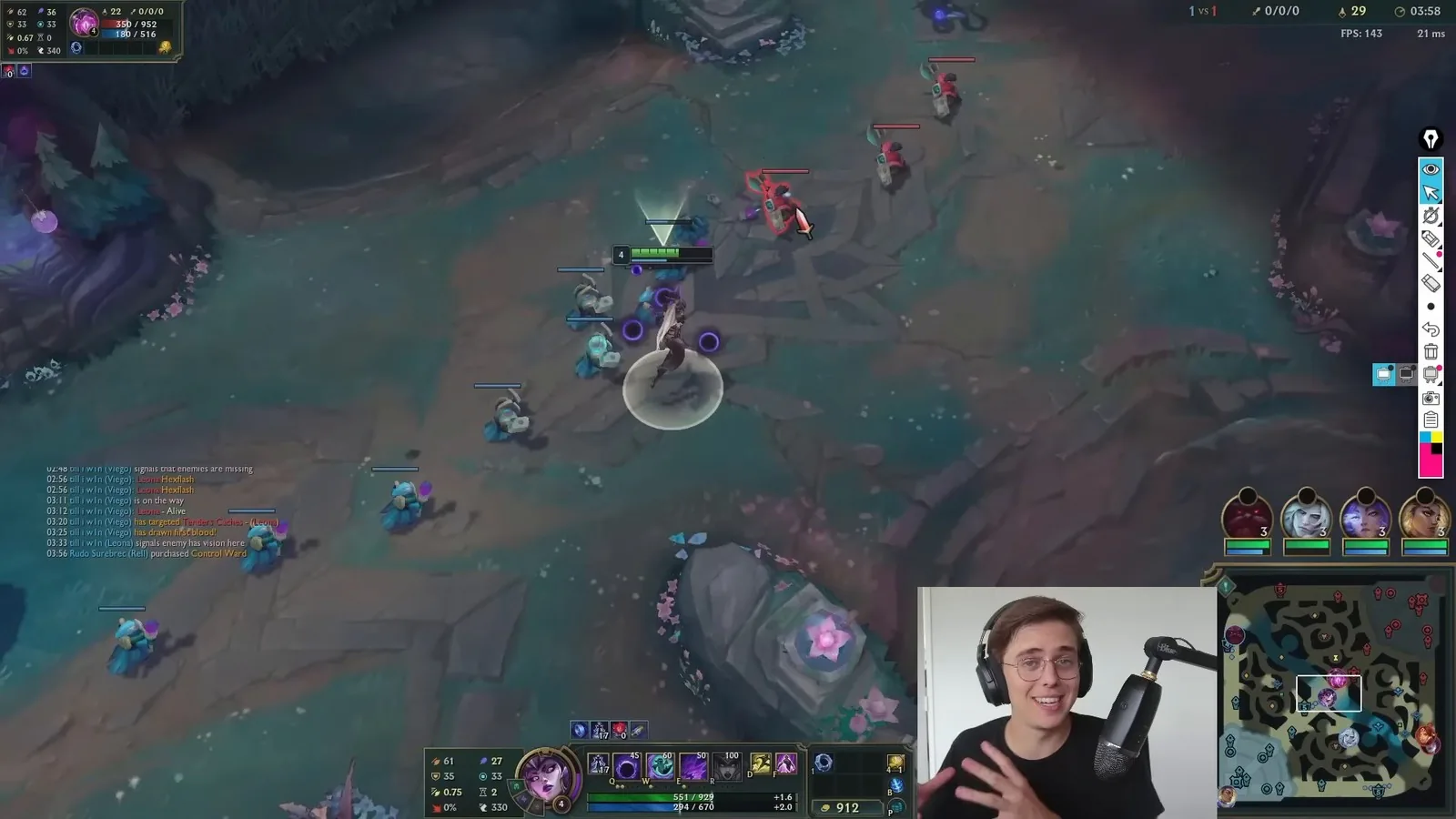Syndra trading in mid lane while managing the wave at four minutes