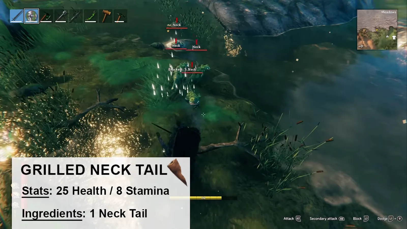 Grilled neck tail card in Valheim: 25 health and 8 stamina from one Neck tail